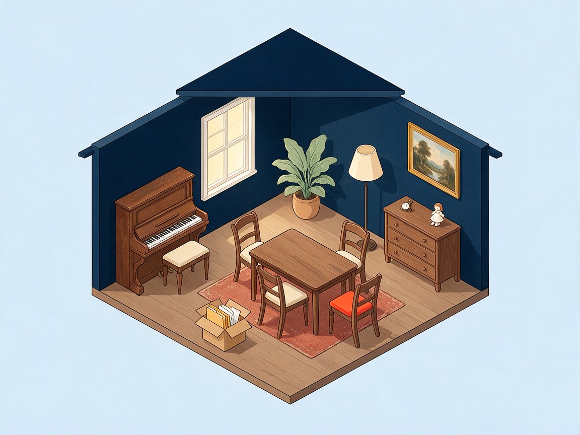 A living room with a piano, a picture on the wall and a dresser